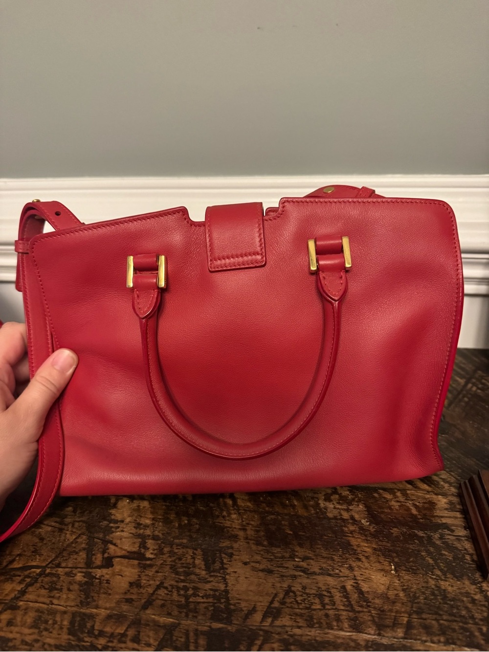 Saint Laurent Red Leather Top-Handle Satchel with Gold YSL Logo - Picture 4 of 9